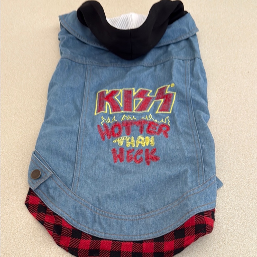 KISS Denim Dog Jacket with Red Plaid